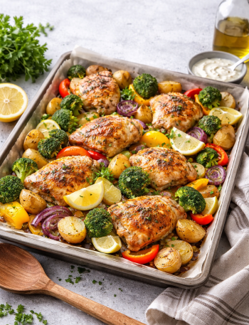 Helppo peltiruoka arkeen – kaikki samalle pellille ja uuni hoitaa loput